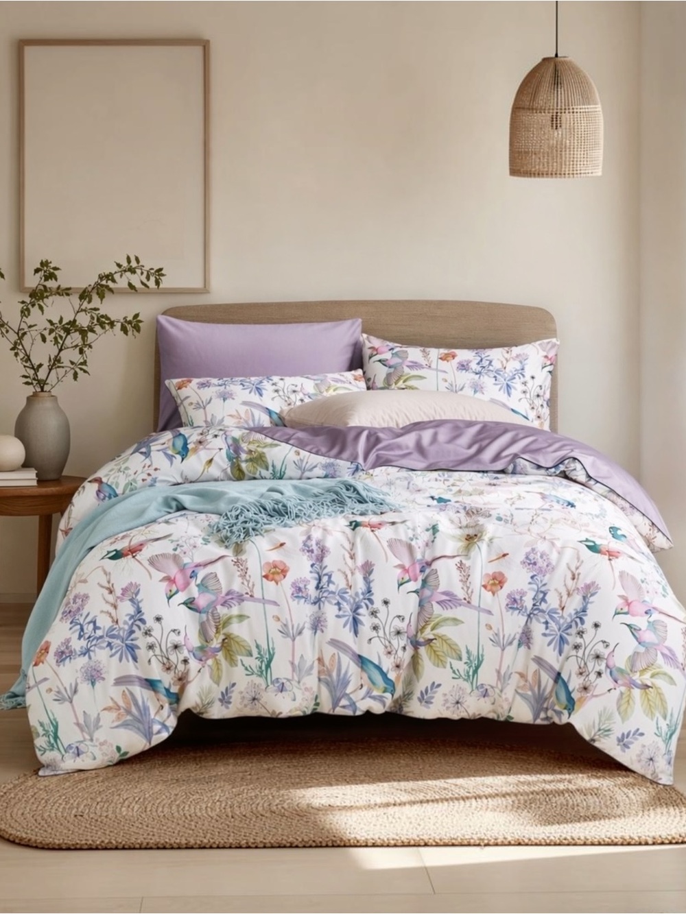NEW Anthropologie Purple Floral Bird Cotton Queen / King Bedding Duvet Sham Set